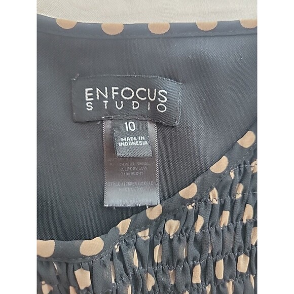 Enfocus Studio Blouson Dress Black Tan Polka Dot Bow Tie Waist Size 10‎ - Picture 7 of 8